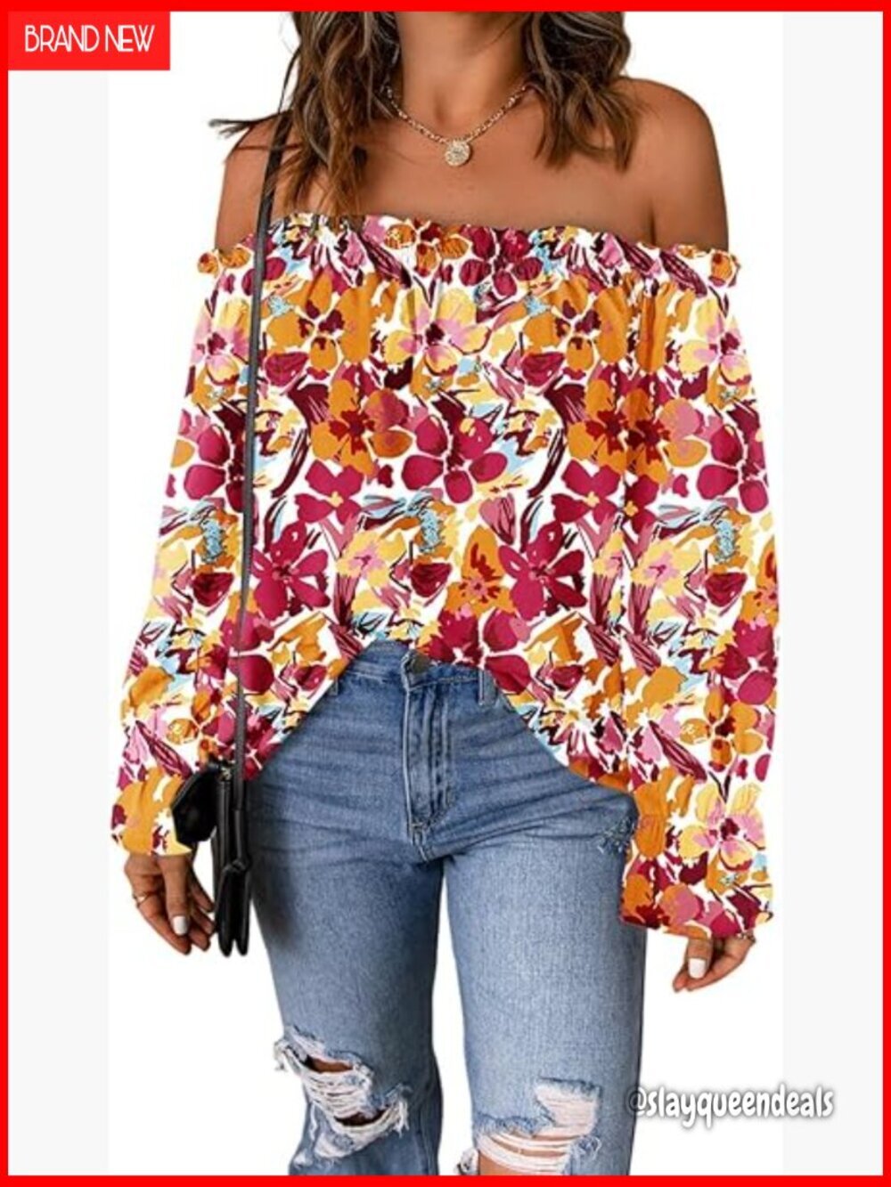 Off Shoulder Chiffon Blouse Long Sleeve Ruffle Neck Loose Fit Top
